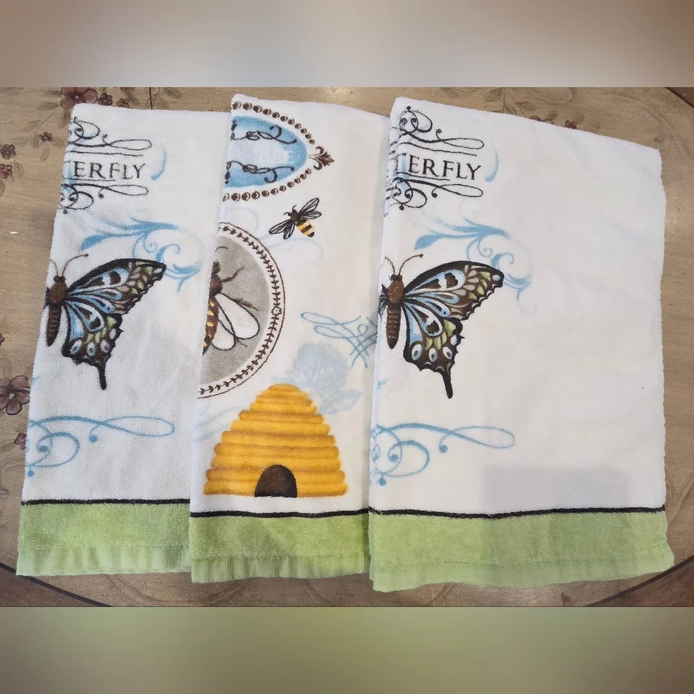 3pc Bees and Butterflies Hand Towels 100% Cotton